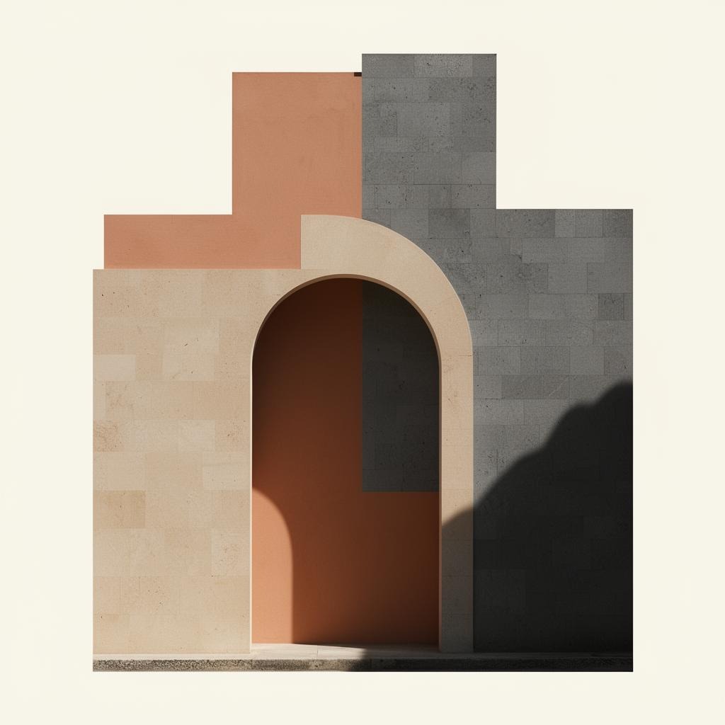 Composição arquitetônica com arco e texturas — identidade visual ReconStudio